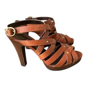 Enzo Angiolini Tan Leather High Heel Sandals with Gold Stud Details